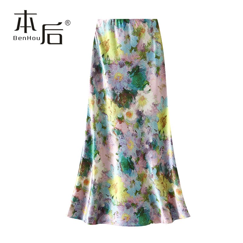 9861-2薄款晕染油画风鱼尾裙半身裙春夏女长裙新款气质包臀中长裙