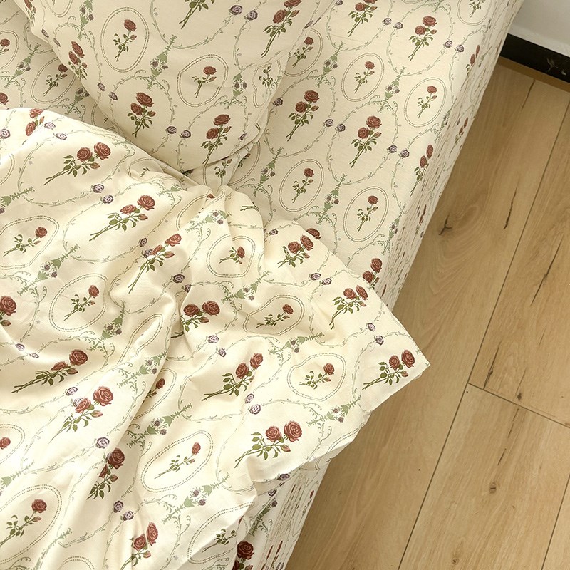 法式玫瑰小清新全棉四件套被套1.5m1.L8米大学生宿舍床上3件套