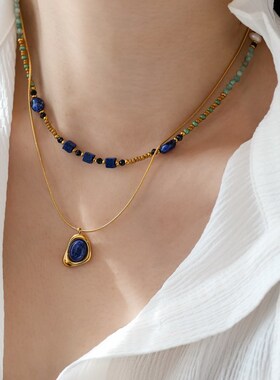 天然石青金石手工串珠项链叠戴夏小众复古高级感轻奢饰品礼物