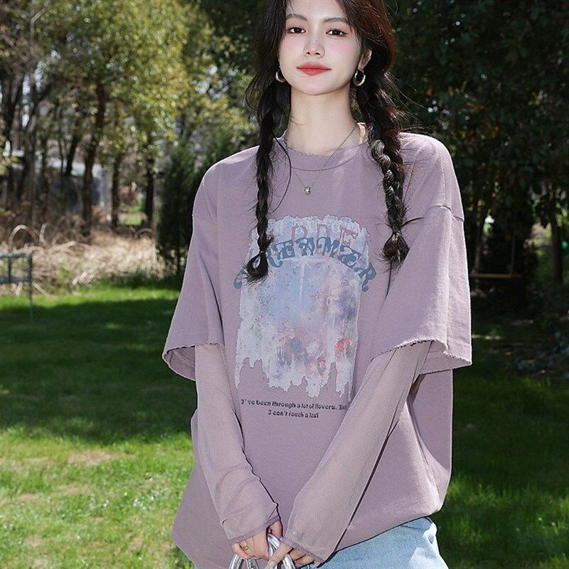 新款百搭网纱拼接长袖防晒T恤大码紫色印花宽松复古假两件上衣女