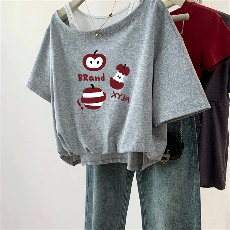 韩系假两件吊带拼接短袖女生夏季设计感小众印花t恤宽松百搭上衣