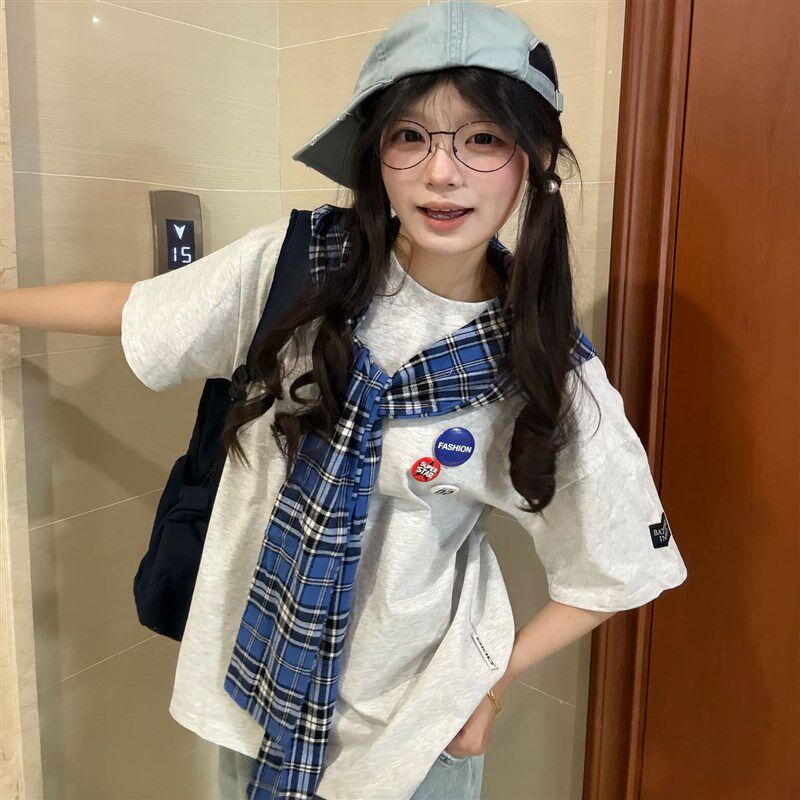 美式复古格子披肩假两件短袖T恤女夏季宽松设计感情侣纯棉上衣潮