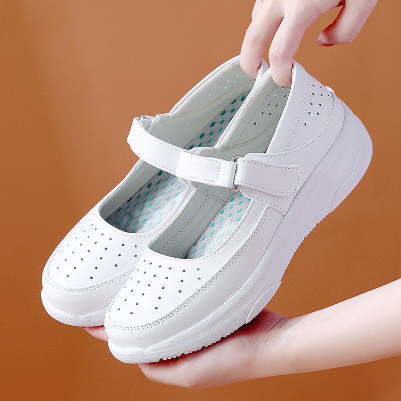 护士鞋女软底真皮魔术贴透气不累脚舒适防臭防滑平底圆头坡跟夏季