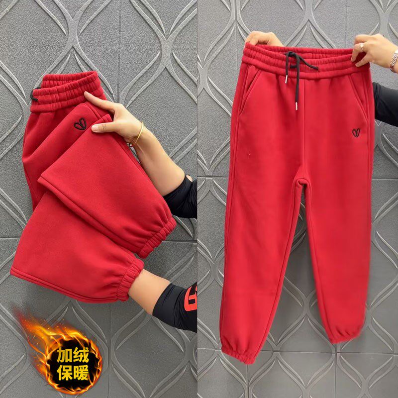 加绒加厚新款小个子红色裤子宽松休闲哈伦裤女冬季新款束脚运动裤