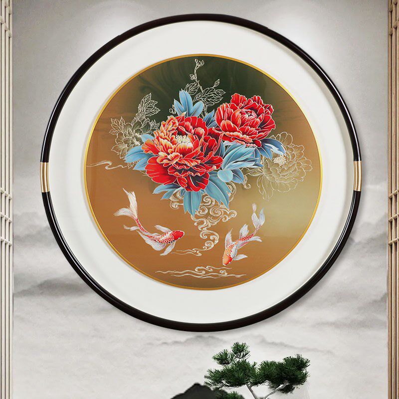 入户玄关铜雕g装饰画高级感手工墙壁挂画新款走廊过道牡丹锦鲤图