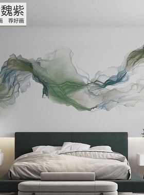 入户迎门墙壁纸新款复式楼挑高背景墙F中式极简线条绿色展厅壁布