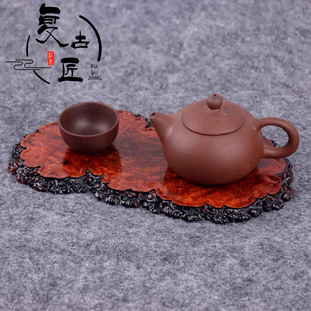 花梨瘿木随形g中式实木质小盆景茶壶花器木托红木工艺根雕摆件底