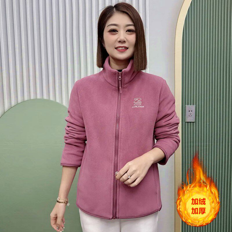 中年妈妈加绒加厚奥粒绒外套中老年女装抓绒卫衣秋冬新款保暖夹克