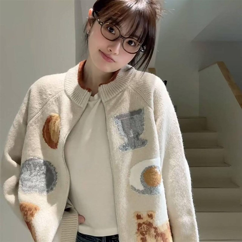 加厚版!慵懒风重工提花拉链毛衣开衫女春季新款韩版宽松针织外套