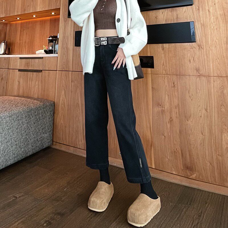 秋冬新款黑色加绒直筒牛仔裤女宽松高腰休闲阔腿九分窄版法棍裤子