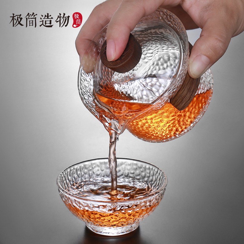 锤纹玻璃防烫盖碗不烫手快泡杯泡茶碗茶杯手M抓壶功夫茶具茶杯套