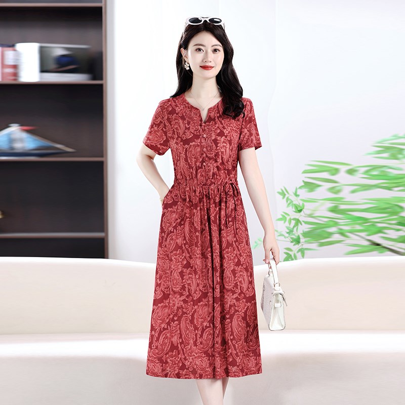 中年妈妈夏装新款冰丝洋装气质显瘦中老年女士带口袋收腰裙子