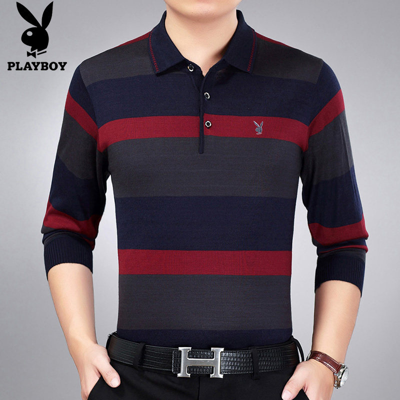 秋季中年男士g长袖t恤40-50宽松带领纯棉薄款秋衣中老年人爸爸装