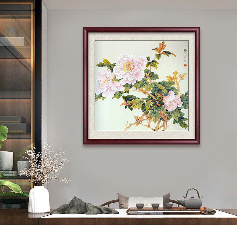 斗方牡丹花国画入户玄关装t饰画新中式客厅餐厅花开富贵背景墙挂
