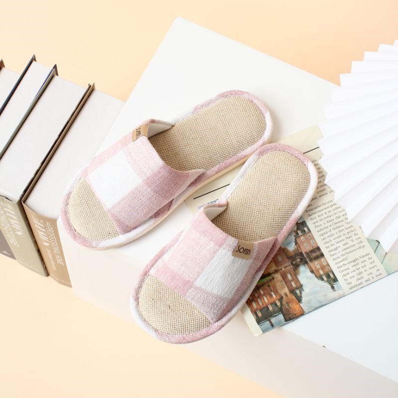 春夏亚麻透气清新格纹情侣室内防滑吸汗G轻便地板凉拖鞋买2送1凉