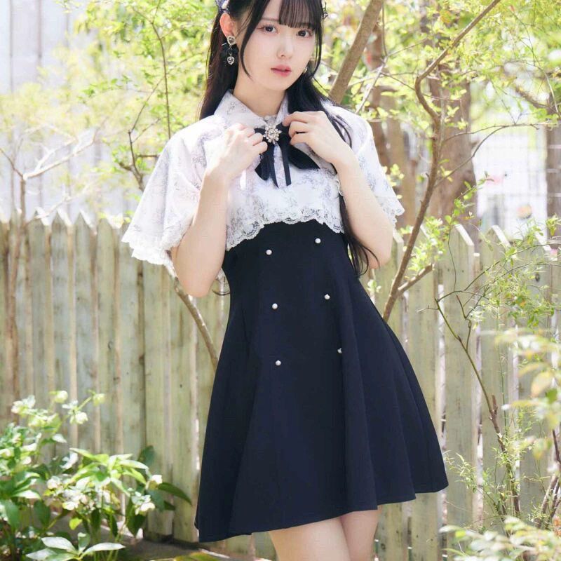 日系披肩夏季斗篷可拆两用拼接翻领两件套气质连衣裙