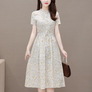 宽松碎花棉麻连衣裙女2025夏季新款女装高端中年妈妈文艺雪纺裙子