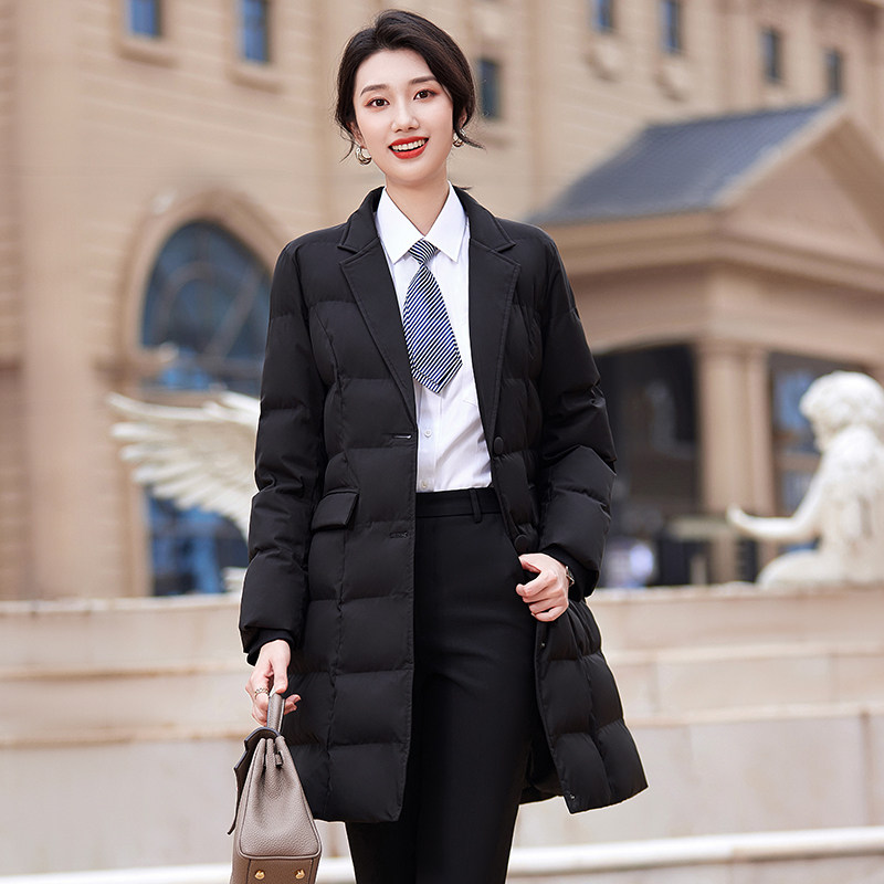 冬季厚款西装领棉衣中长版黑色商务正装棉服男女款前台销售工作服