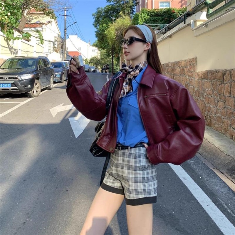 曼尼时差 红色复古皮衣机车夹克春秋女美式翻领短外套