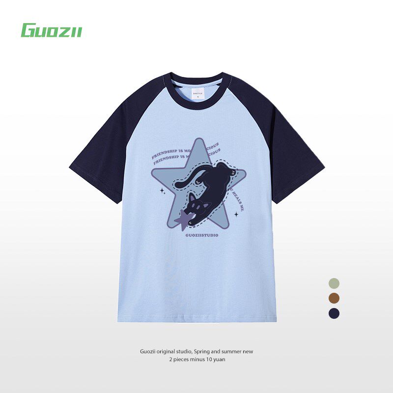 Guozii夏日多巴胺穿搭蓝色插肩拼色短袖t恤女慵懒猫咪宽松上衣夏