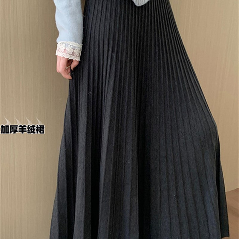 高腰显瘦羊绒加厚百褶半身裙2025秋季新款韩版百搭休闲淑女风伞裙