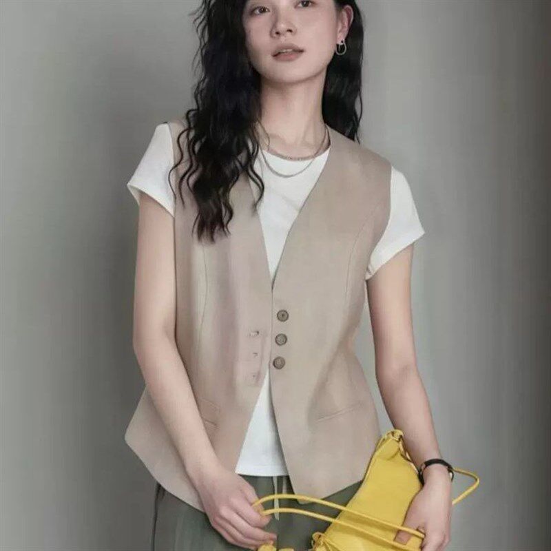 新款亚麻马甲女夏季薄款无袖坎肩杏色亚麻西装背心