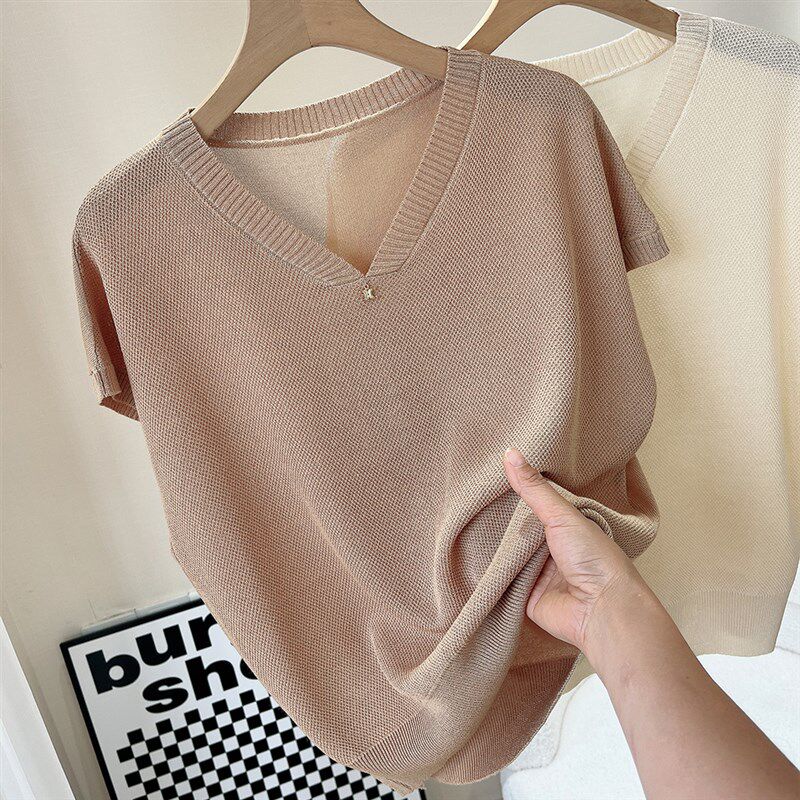 夏季冰丝短袖针织衫女薄款宽松T恤衫上衣V领套头大码女装透气舒适