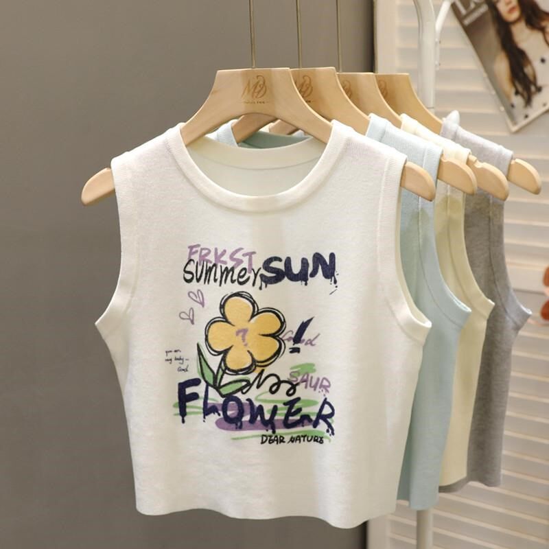 韩系花朵涂鸦印花冰丝针织背心女夏款辣妹小吊带外穿短款无袖上衣