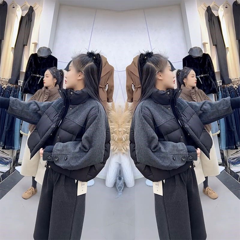 加厚短款立领拼接毛呢棉衣外套2025新款冬季面包小个子宽松棉服女