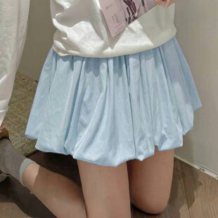 百褶半身裙高腰显瘦a字休闲短裤 灯笼裤 女夏新款 蓝色蓬蓬花苞裙裤