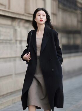黑色双面呢大衣女中长款2024新款正肩系带冬季全羊毛呢子毛呢外套