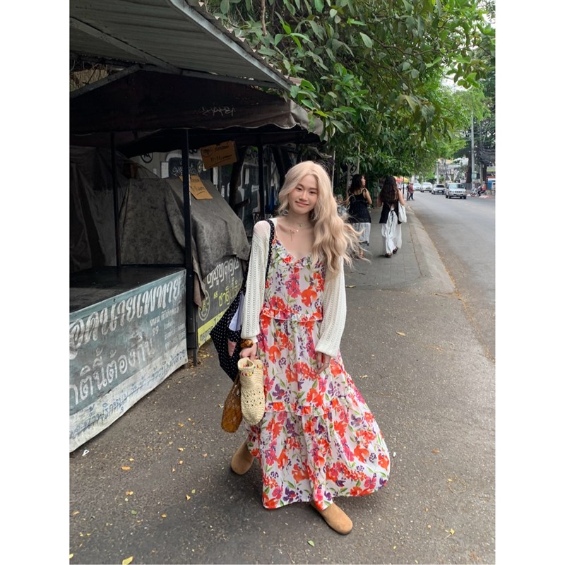 胖mm今年流行木耳边碎花吊带连衣裙女夏新款云南旅游甜美脚踝长裙