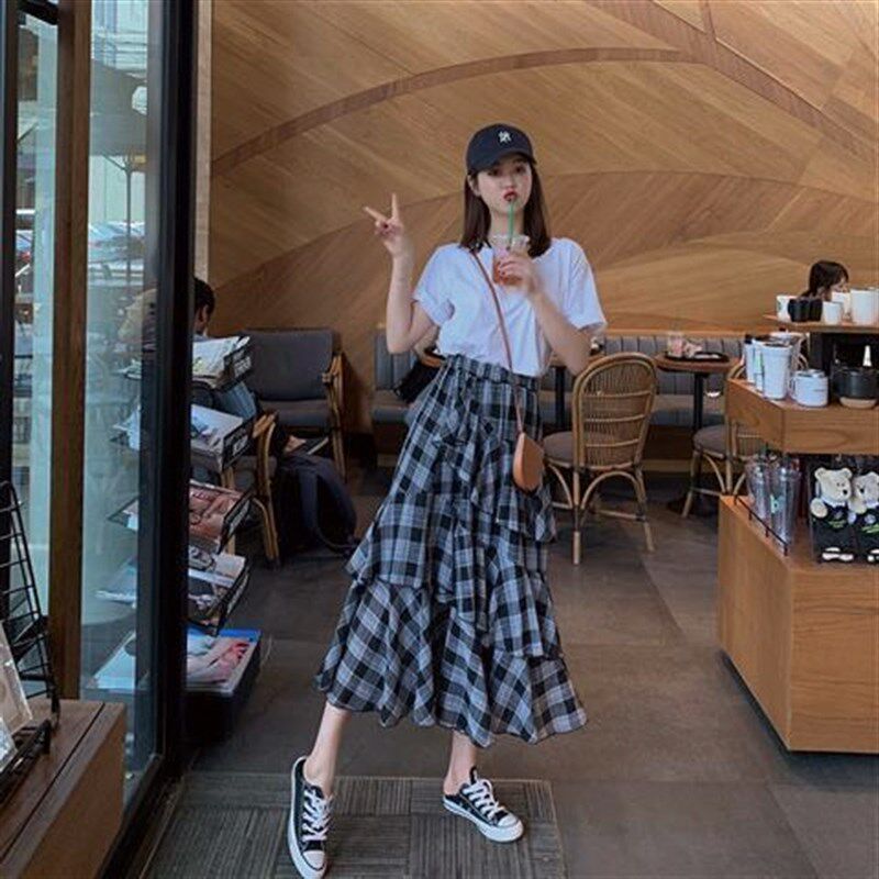 显瘦A字蛋糕裙长裙夏韩版百搭中长款不规则高腰半身裙仙气女学生