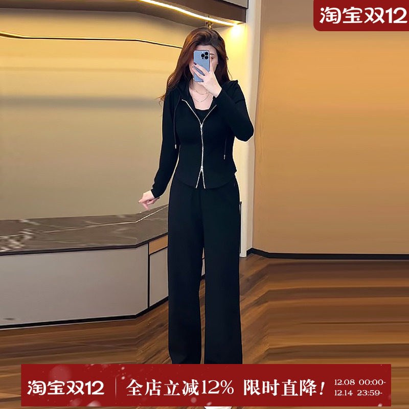 花菜微胖mm休闲运动连帽卫衣外套套装大码女装2025秋季巨显瘦长裤