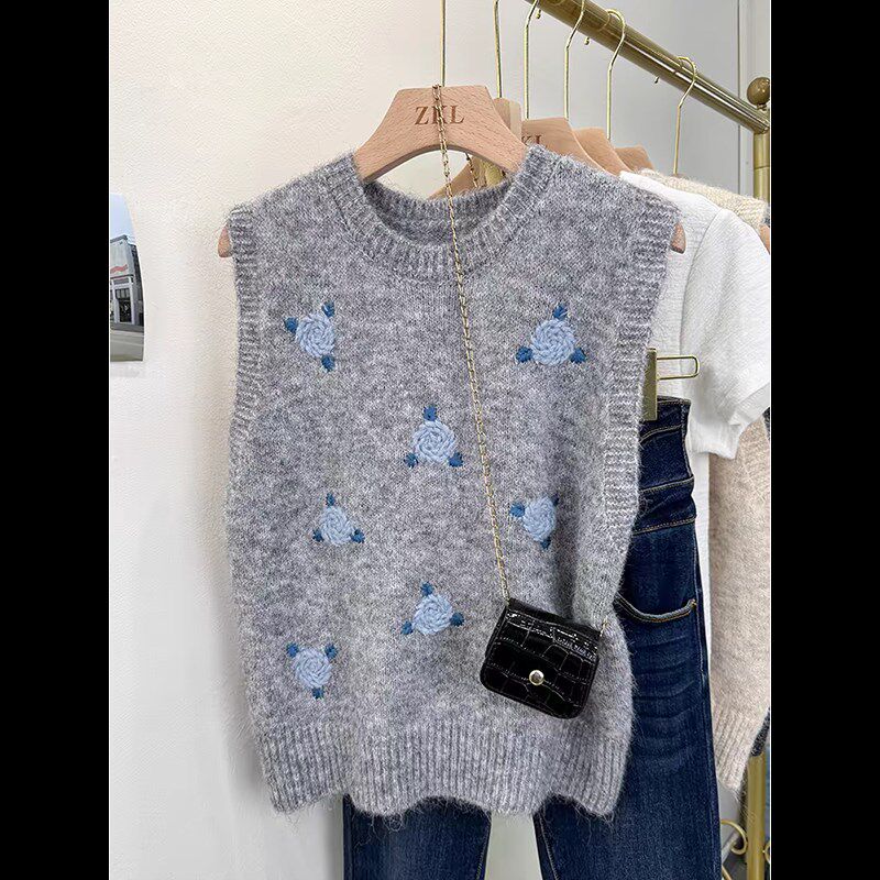 灰色花朵刺绣叠穿针织马甲背心圆领套头女2025年春秋外搭坎肩毛衣
