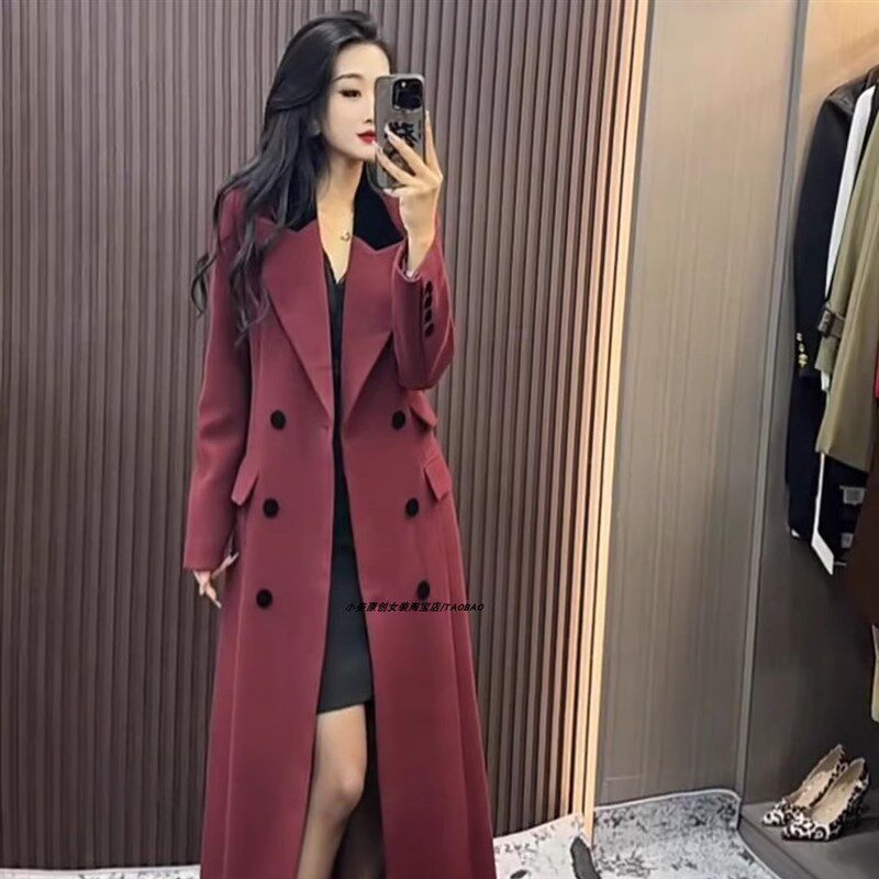 冬季毛呢夹棉大衣女中长款过膝西装领双排扣呢子风衣外套加厚潮流