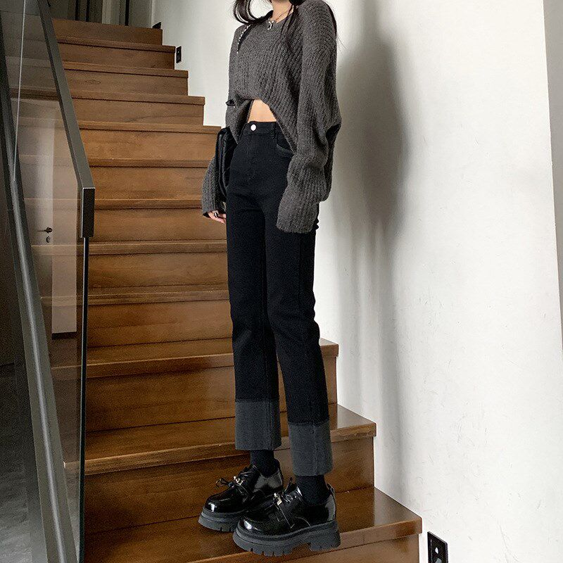 黑色高腰卷边直筒牛仔裤女薄款夏季2025新款拼接显瘦设计感烟管裤