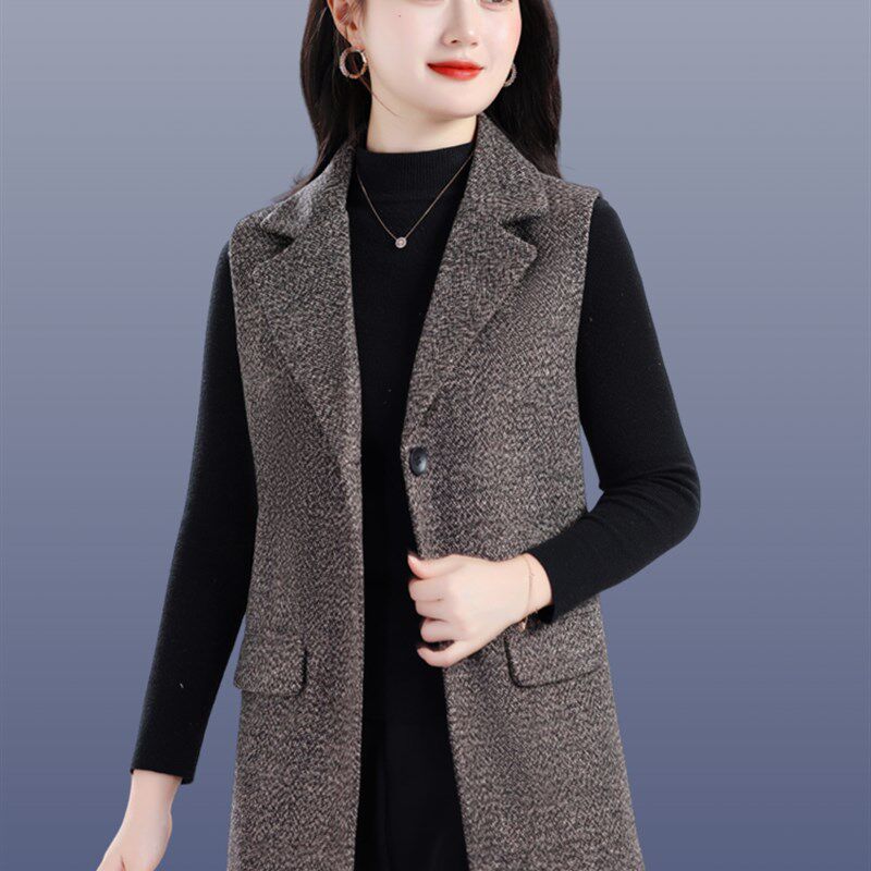 中老年春秋大码新款时尚女士马夹妈妈装时尚中长款西装领马甲外穿