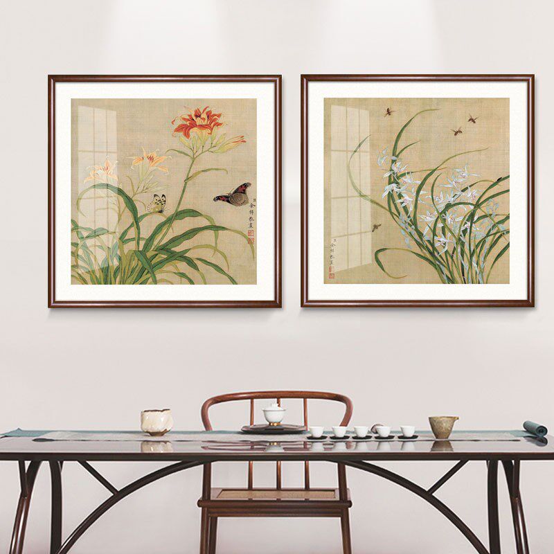 新中式现代国画兰花图客厅玄v关挂画卧室餐厅墙画方框书房过道壁