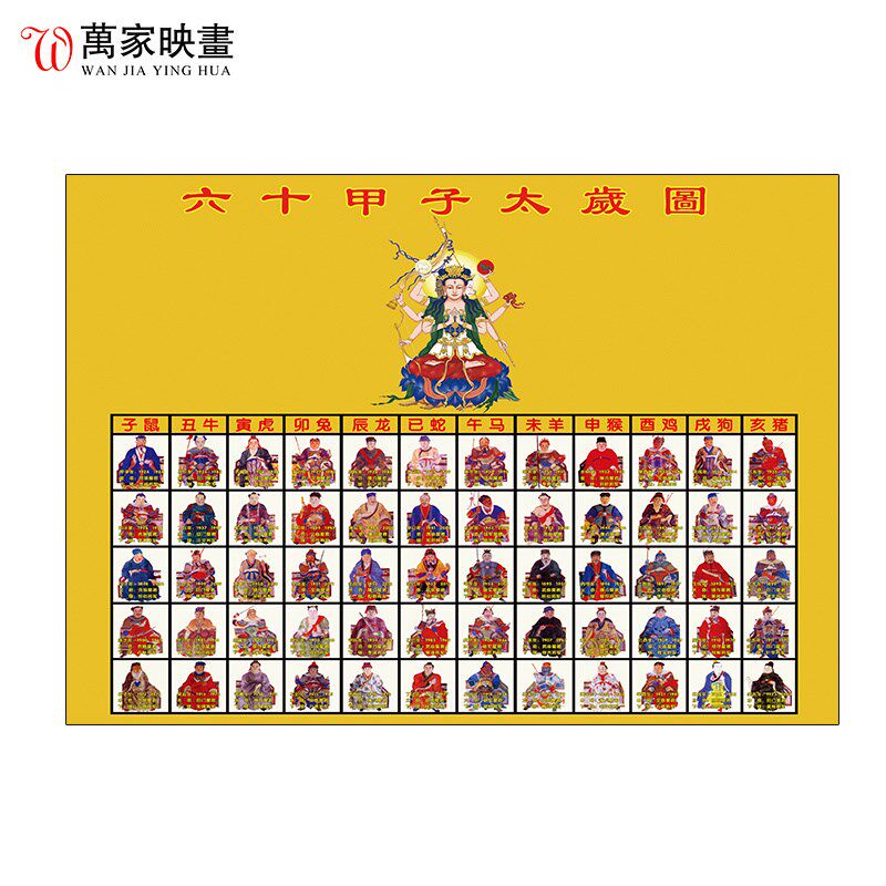 新六十甲子e太岁图挂画客厅玄关装饰画道场水陆画全神图晶瓷带框