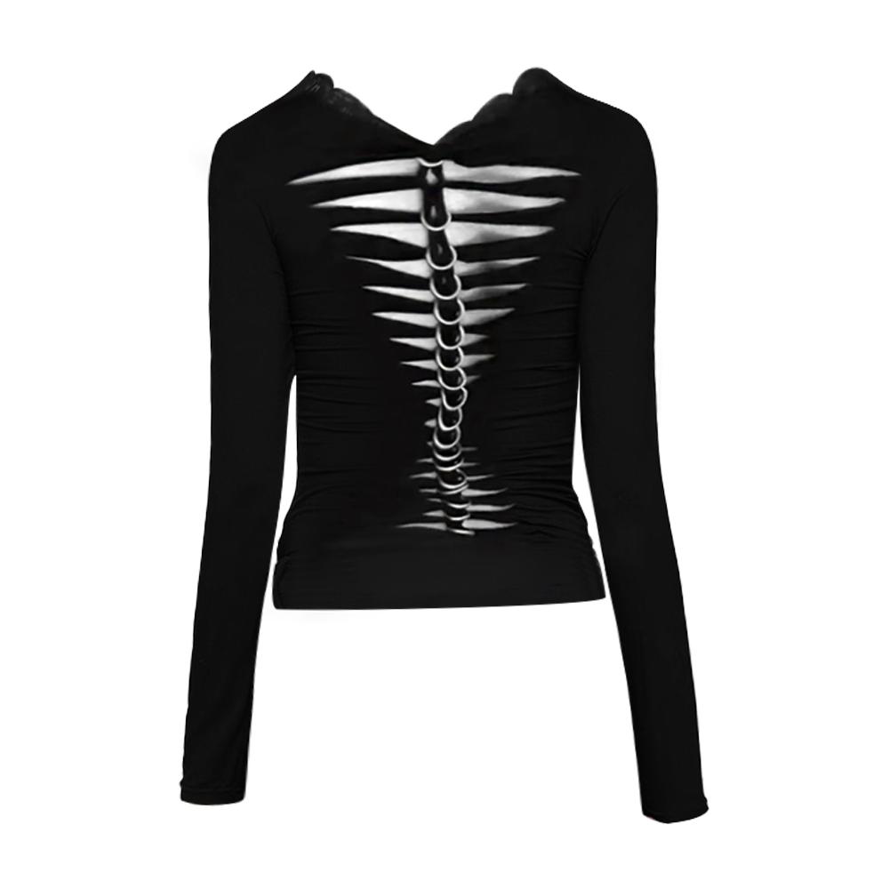 纯欲风黑色辣妹镂空露背环扣T恤