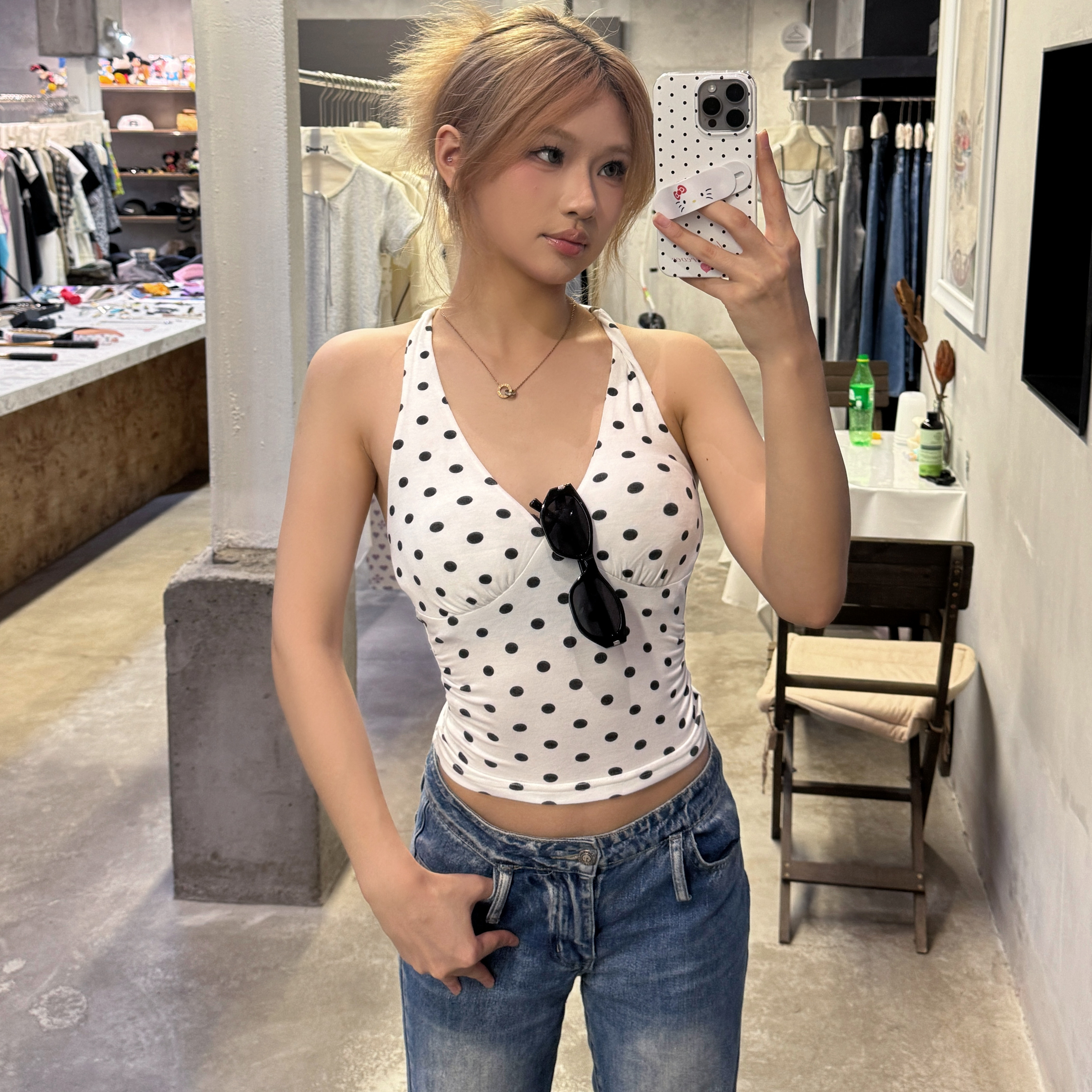 基础百搭黑白波点v领挂脖背心女