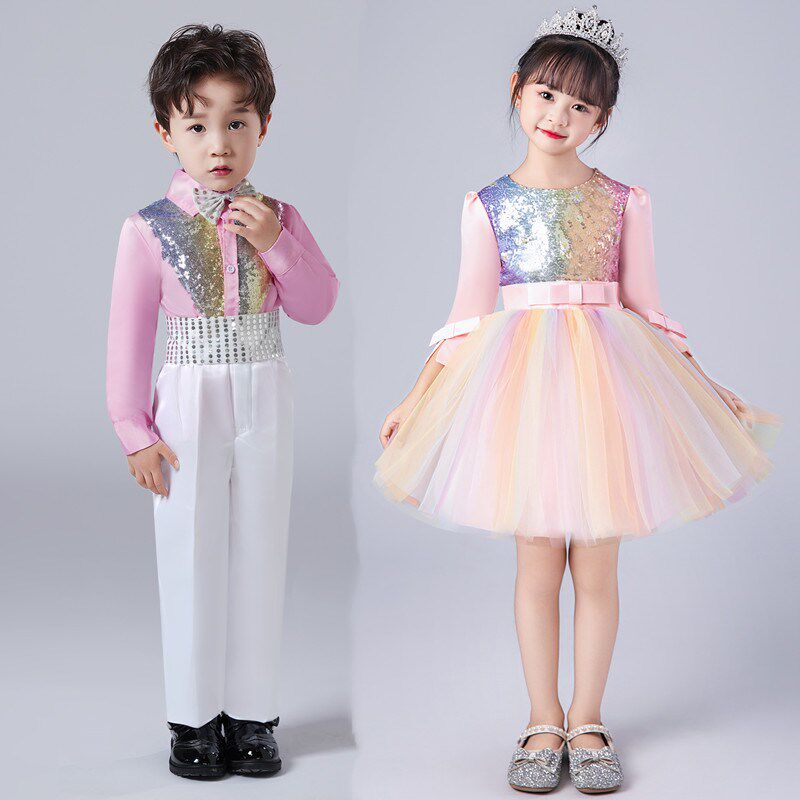儿童演出服长袖女童七彩裙幼儿舞蹈服小学生合唱服装男童演出礼服