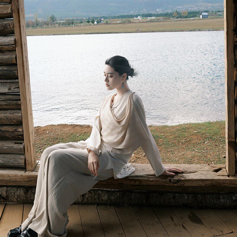 禅音 中式禅修服禅意棉麻服装 披肩式寂侘风仙女诗意连衣裙
