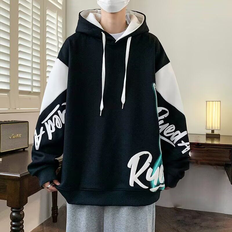 青少年卫衣男士春秋款加肥加大码韩版潮流拼接宽松帅气连帽衫外套