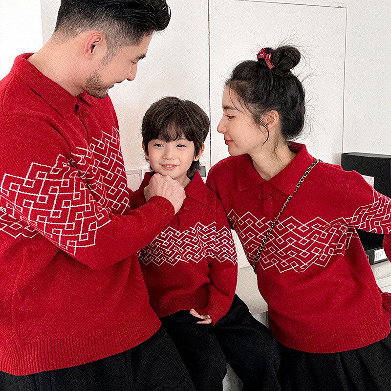 亲子装毛衣红色秋冬装儿童新年拜年针织衫2024新款家庭装过年服潮