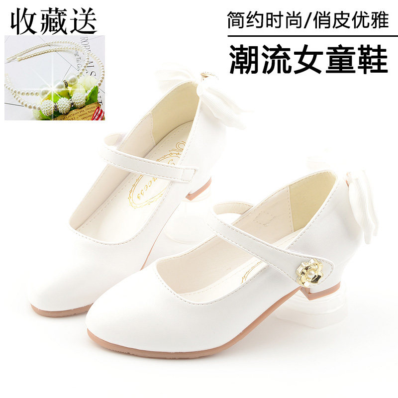 女童真皮公主高跟鞋2020春秋新款儿童细跟水晶鞋宝宝白色演出单鞋