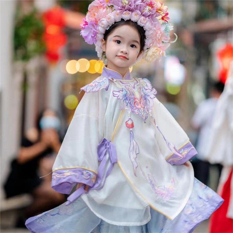 汉服女童复古风儿童宝宝周岁礼服唐制大袖衫仙女套装云肩紫色明代