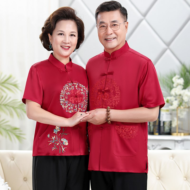 唐装中老年人情侣套装男女爸爸妈妈夏装爷爷奶奶生日婚宴礼服短袖