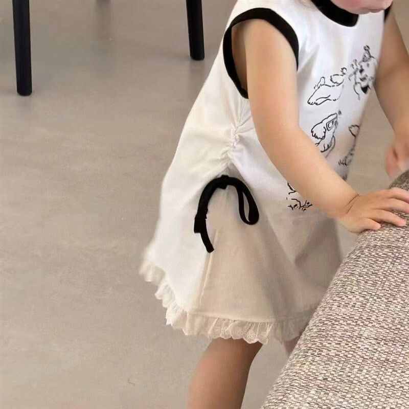 女童无袖连衣裙夏装2025女宝韩版卡通简约纯棉背心裙 长款T恤裙子